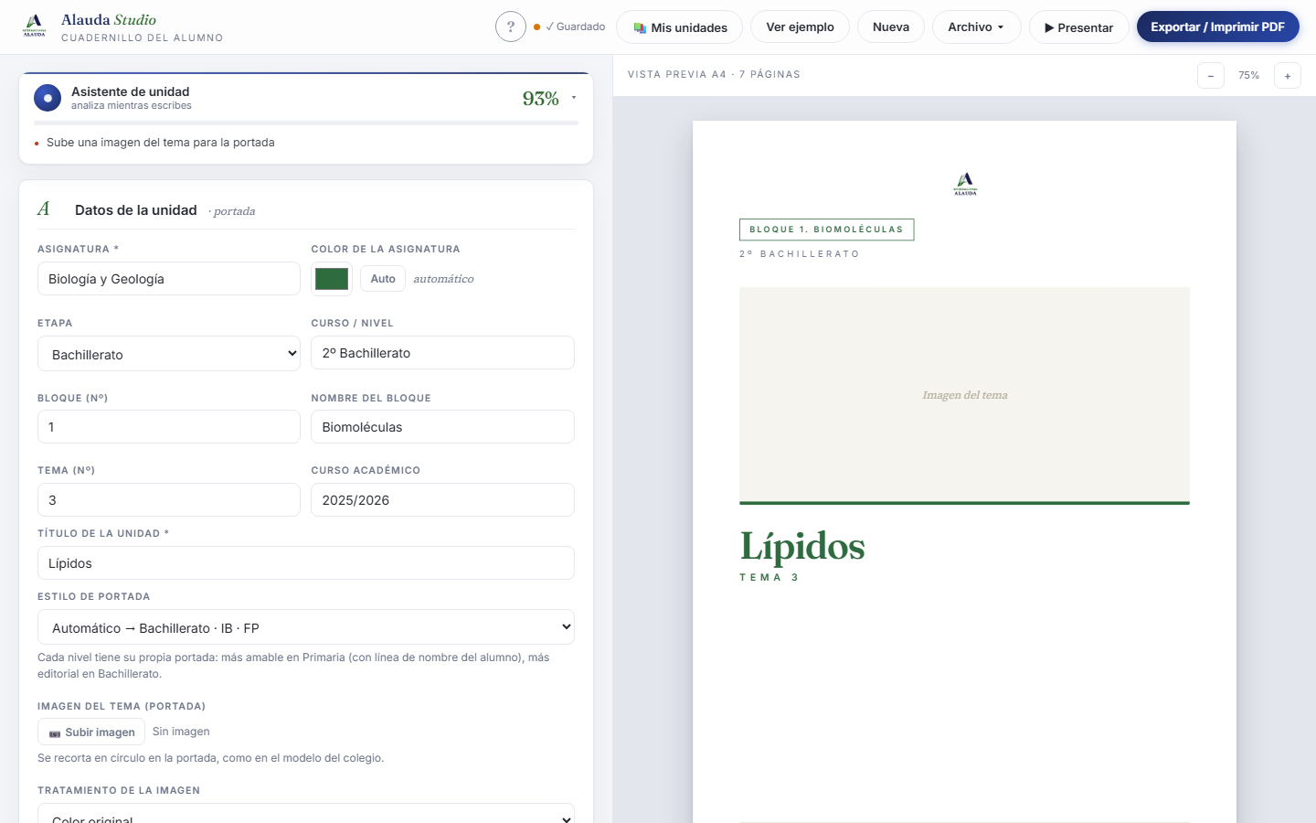 El editor de cuadernillos de Alauda Studio, con una unidad de Biología cargada